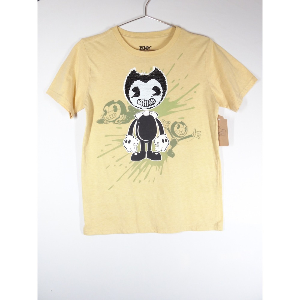 Bendy Graphic Tee Kids XL Yellow Flip Sequin Ink Machine Gamer Horror T-Shirt